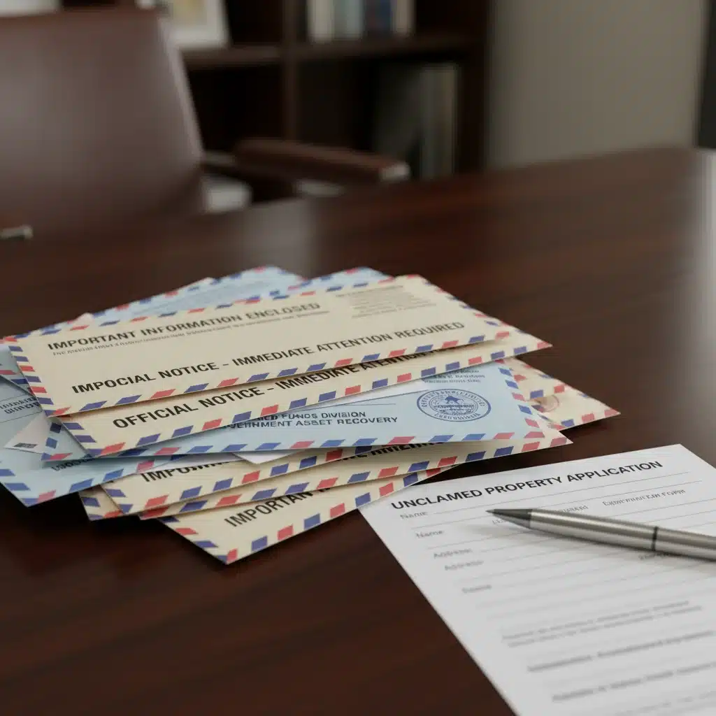 Stack of official documents and envelopes representing potential unclaimed funds