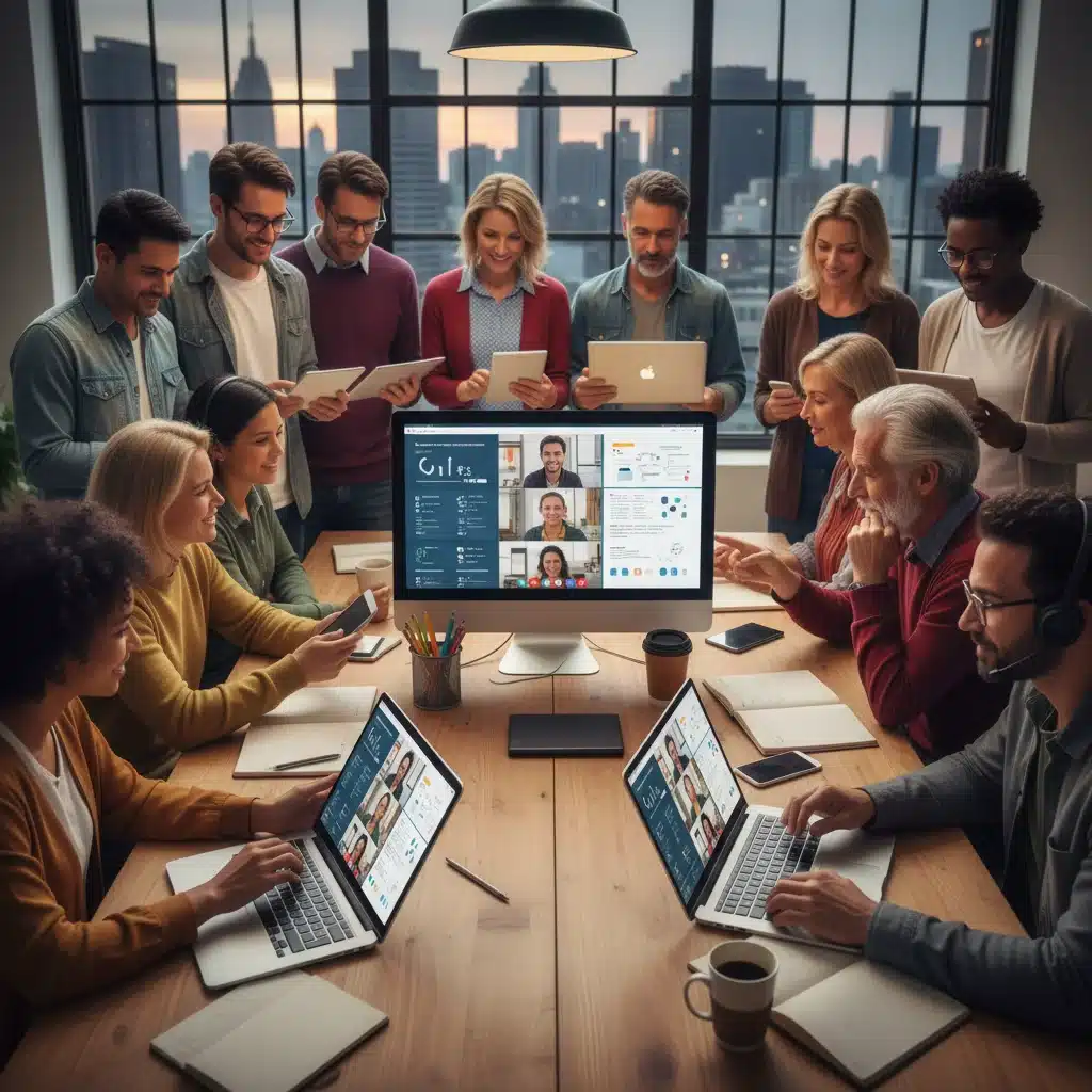 Diverse adults engaged in online collaborative learning for skill development.