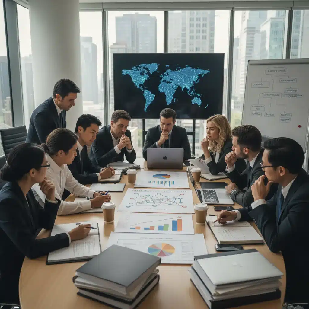 Professionals discussing financial regulations and cryptocurrency in a meeting.