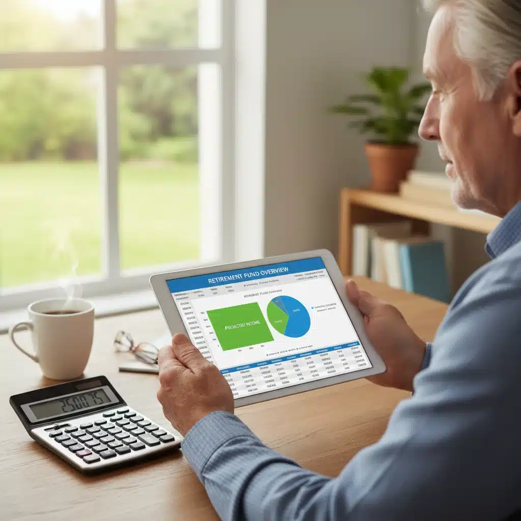 Individual reviewing retirement budget and expenses on a tablet.