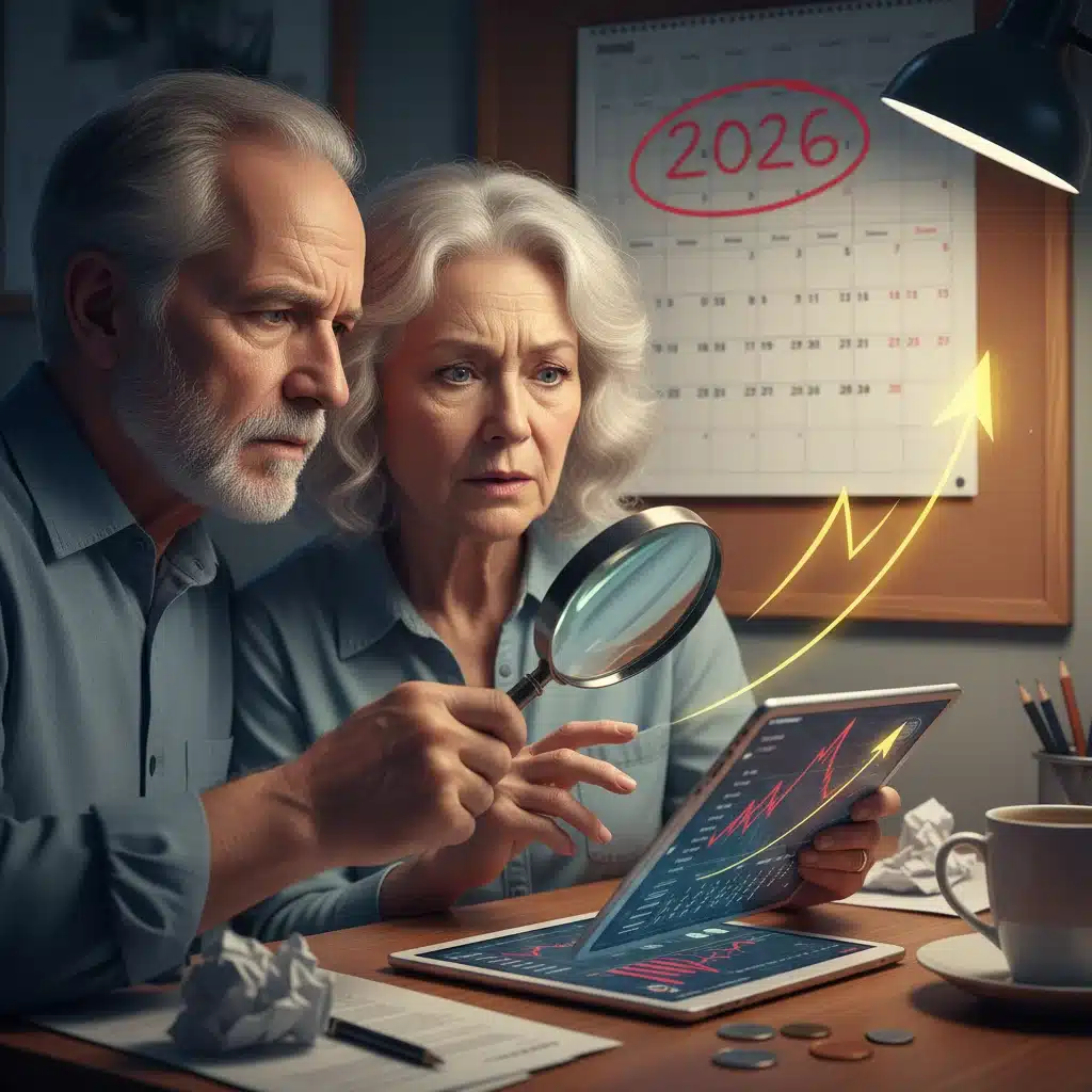 Senior couple analyzing financial charts, concerned about 2026 inflation and retirement erosion.