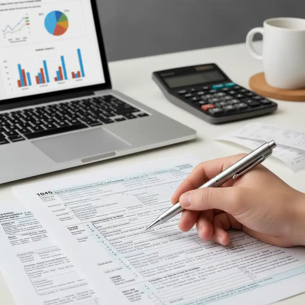 Person analyzing tax forms with a calculator and financial charts on a laptop.