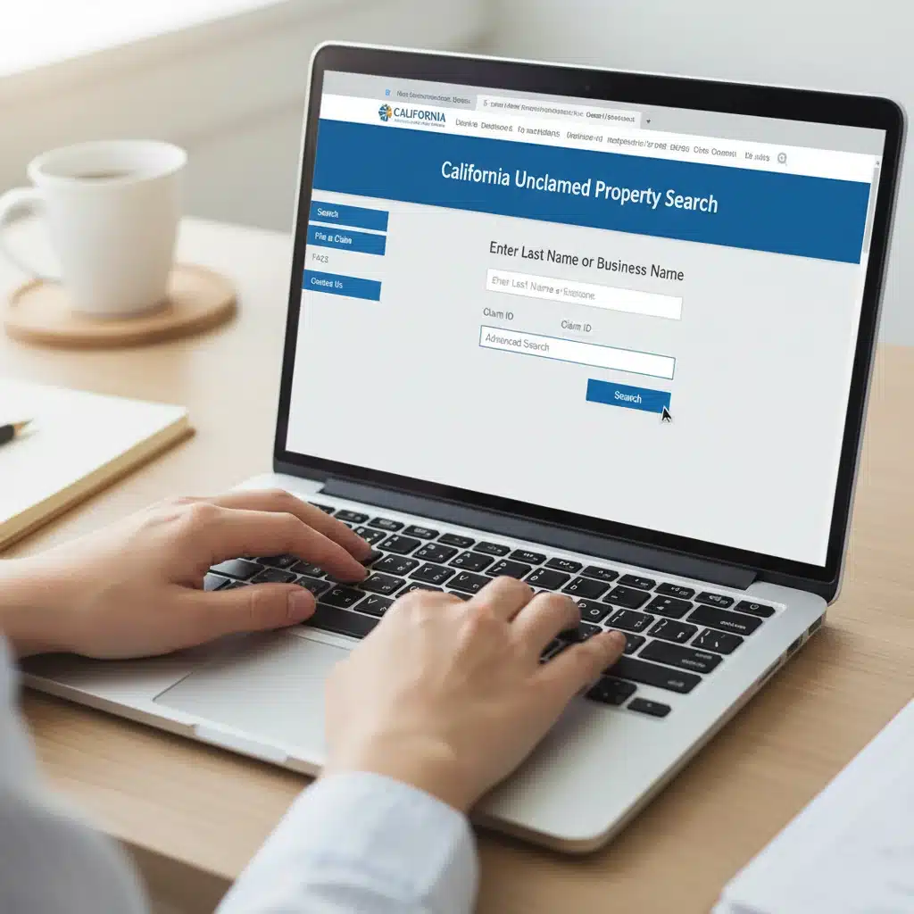 Hands typing on laptop, navigating unclaimed property website