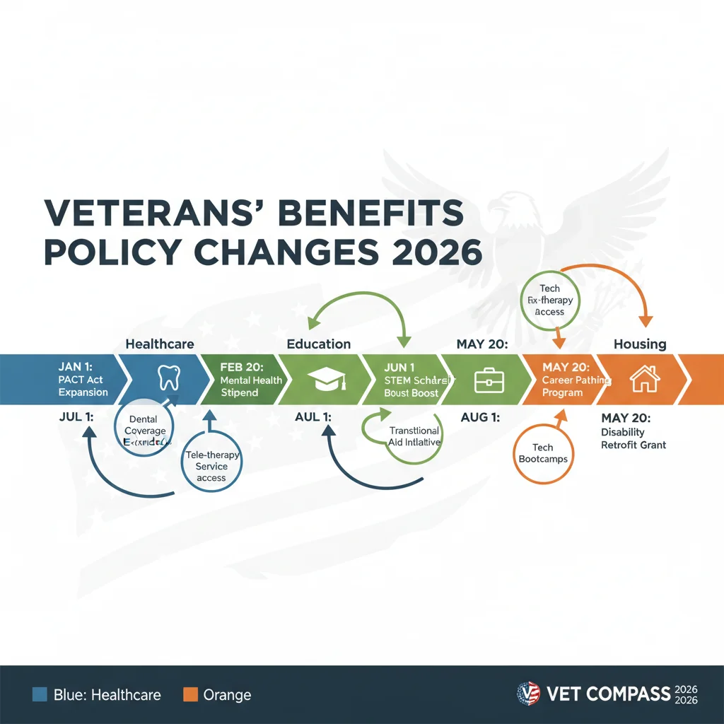 Infographic illustrating timeline of veterans benefits policy changes for 2026