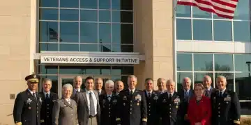 Veterans gathered in front of a government building, symbolizing support and benefits