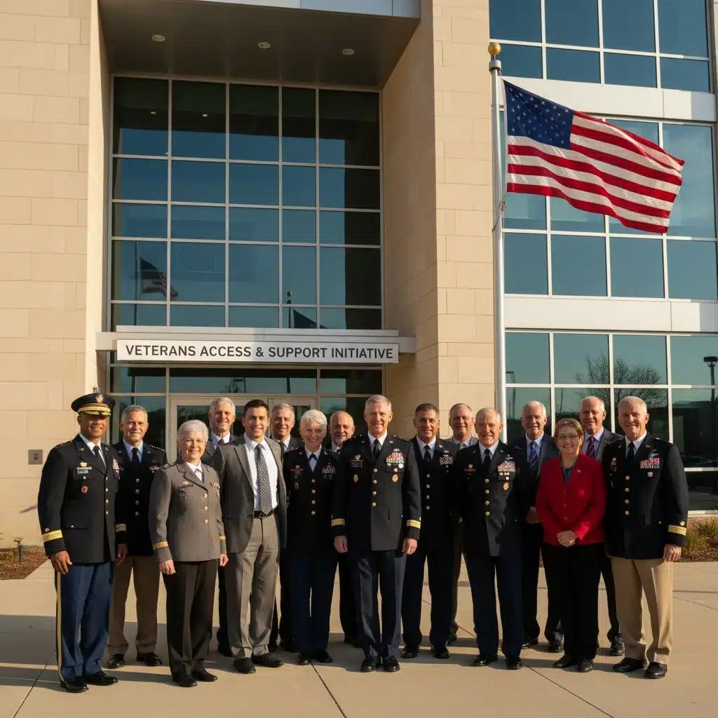 Veterans gathered in front of a government building, symbolizing support and benefits